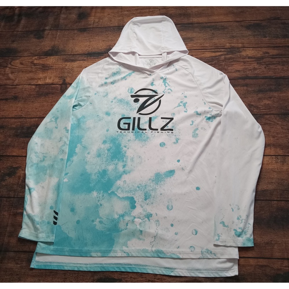 Gillz Tech Fishing Long Sleeve Hooded Shirt Men's Small Blue White